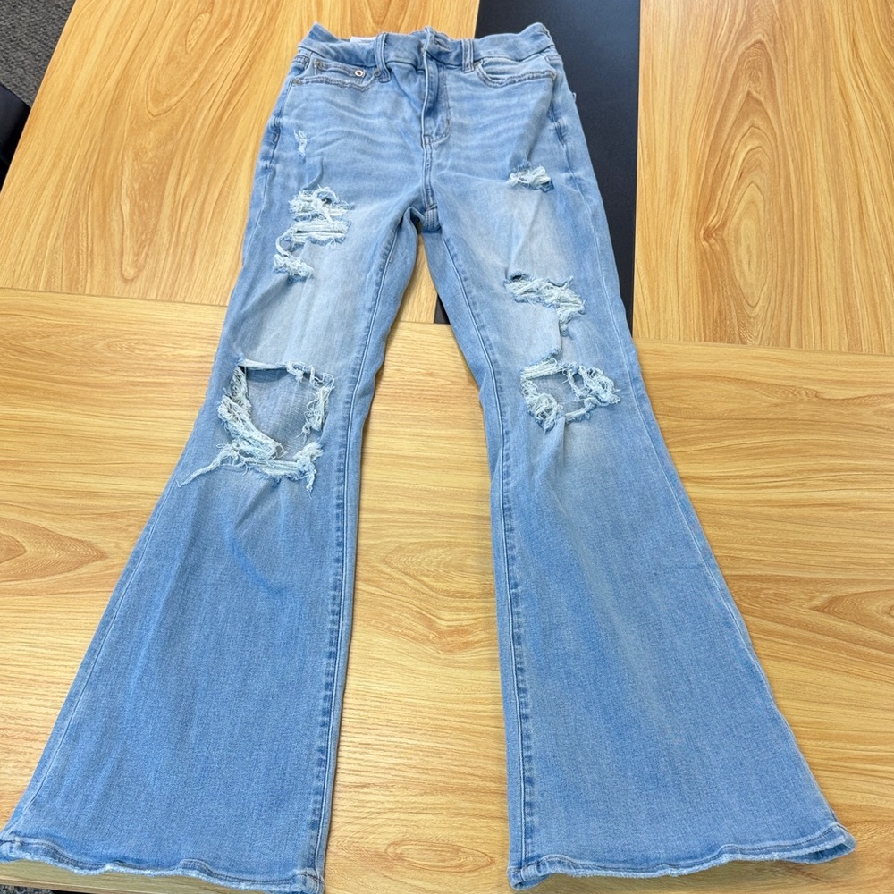 American Eagle Outfitters Light Blue Distressed Flare Jeans curvy high rise